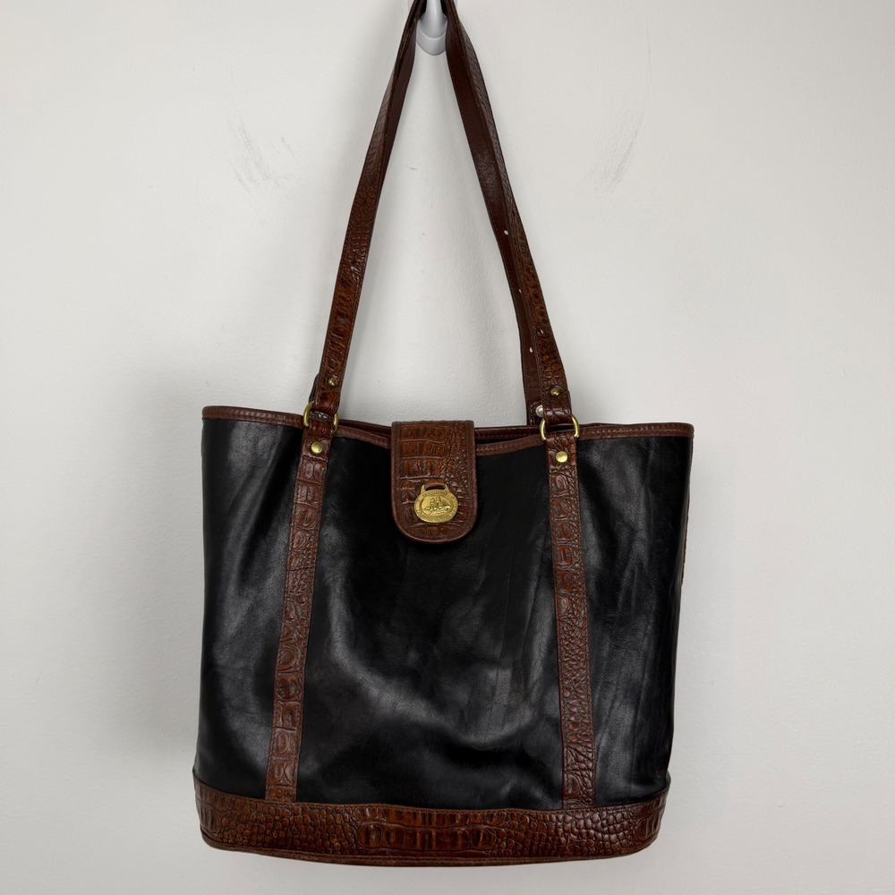 Brahmin Vintage Black Leather Brown Croc Trim Tote Shoulder Bag Gold Medallion‎